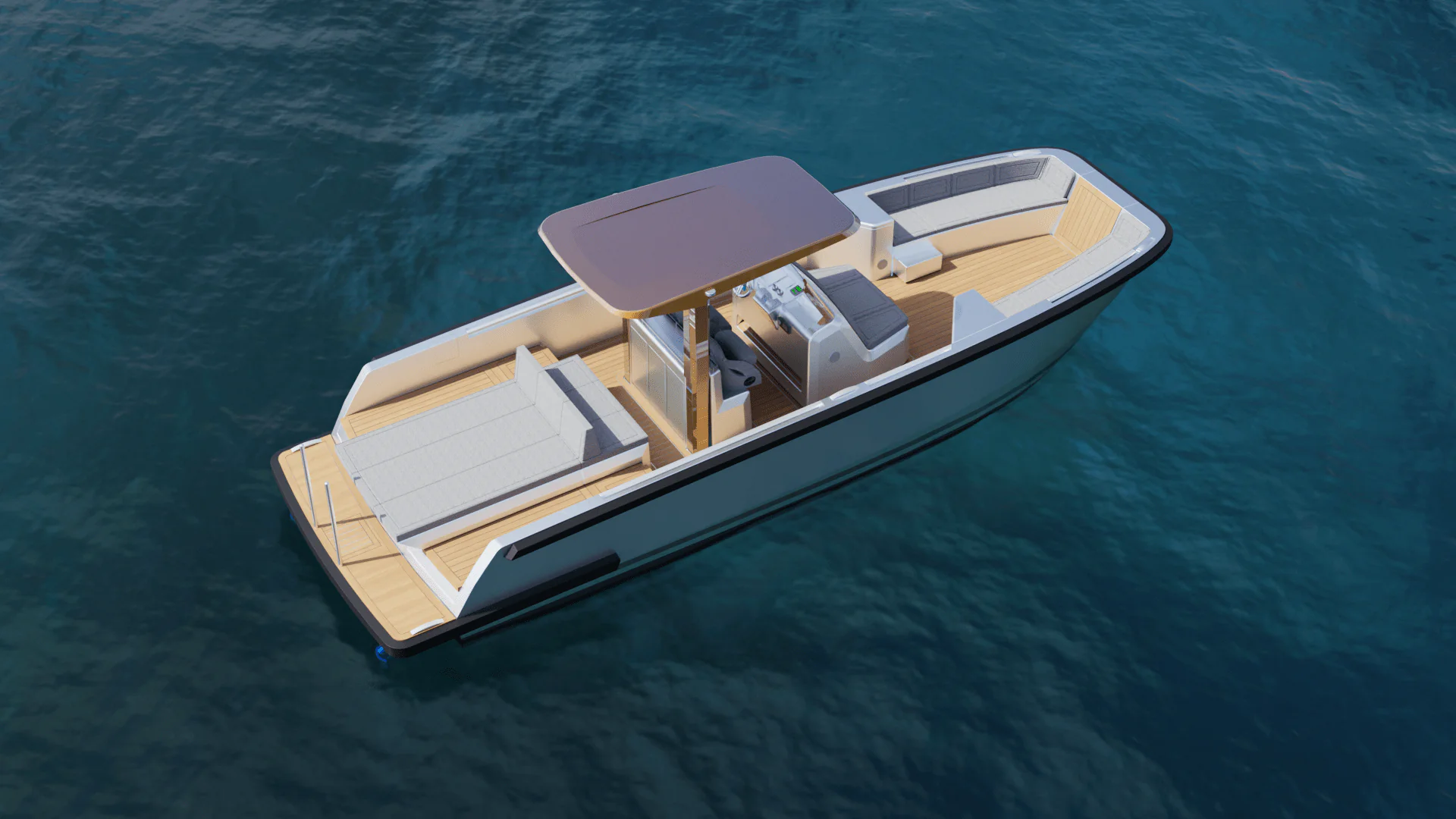 render embarcación en mar azul